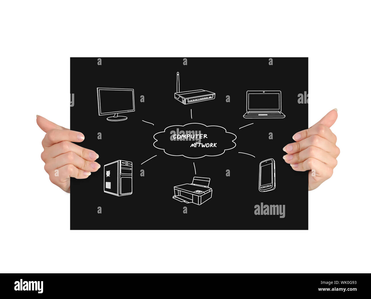 Carta nera con rete di computer in mani Foto Stock