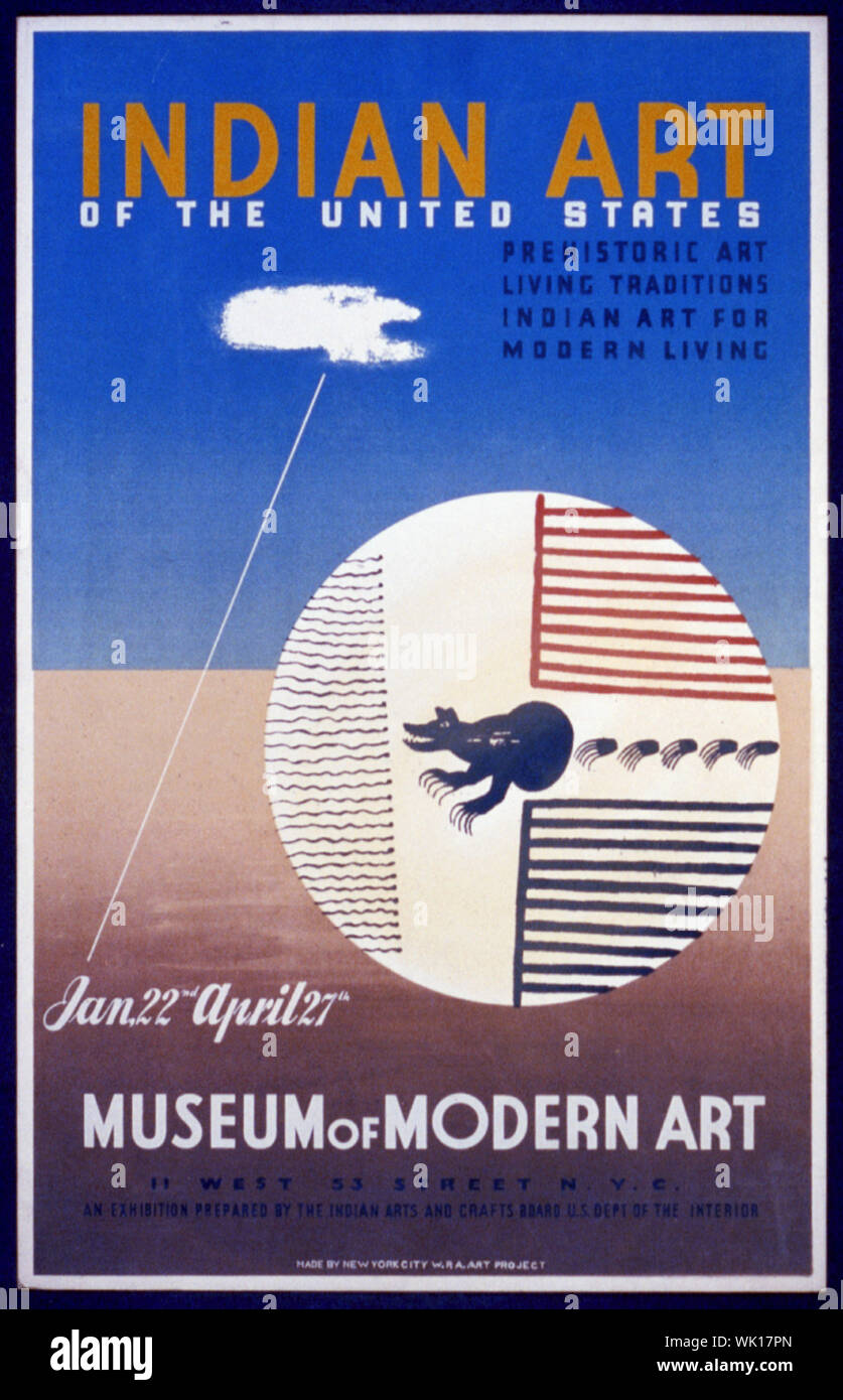 Arte Indiana degli Stati Uniti Abstract: Poster annunciando mostra di arte  Nativa Americana presso il Museo di Arte Moderna, 11 West 53 Street, New  York City, che mostra l'esempio di arte dei