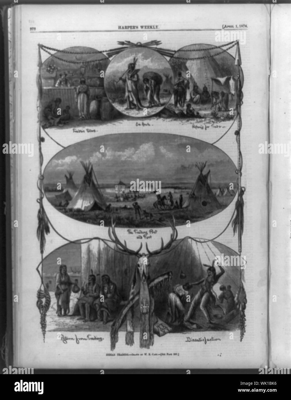 Indian trading 6 Illustrazioni: 1. trader store; 2. 2 en route; 3. Preparazione per scambi; 4. il trading post e fort; 5. ritorno da trading; 6. insoddisfazione - (Indiano battendo la moglie) Foto Stock