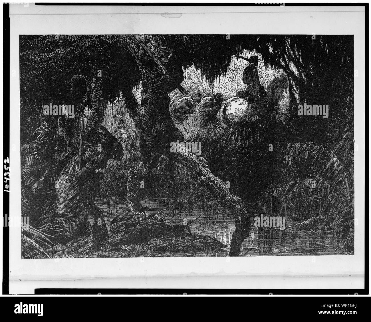 Indiani stalking spagnoli a cavallo nella palude Foto Stock