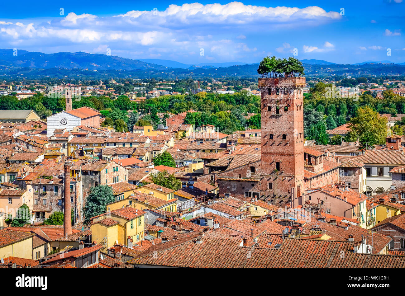 Vista panoramica di Lucca e Torre Guinigi dalla Torre delle Ore, Lucca, Italia Foto Stock