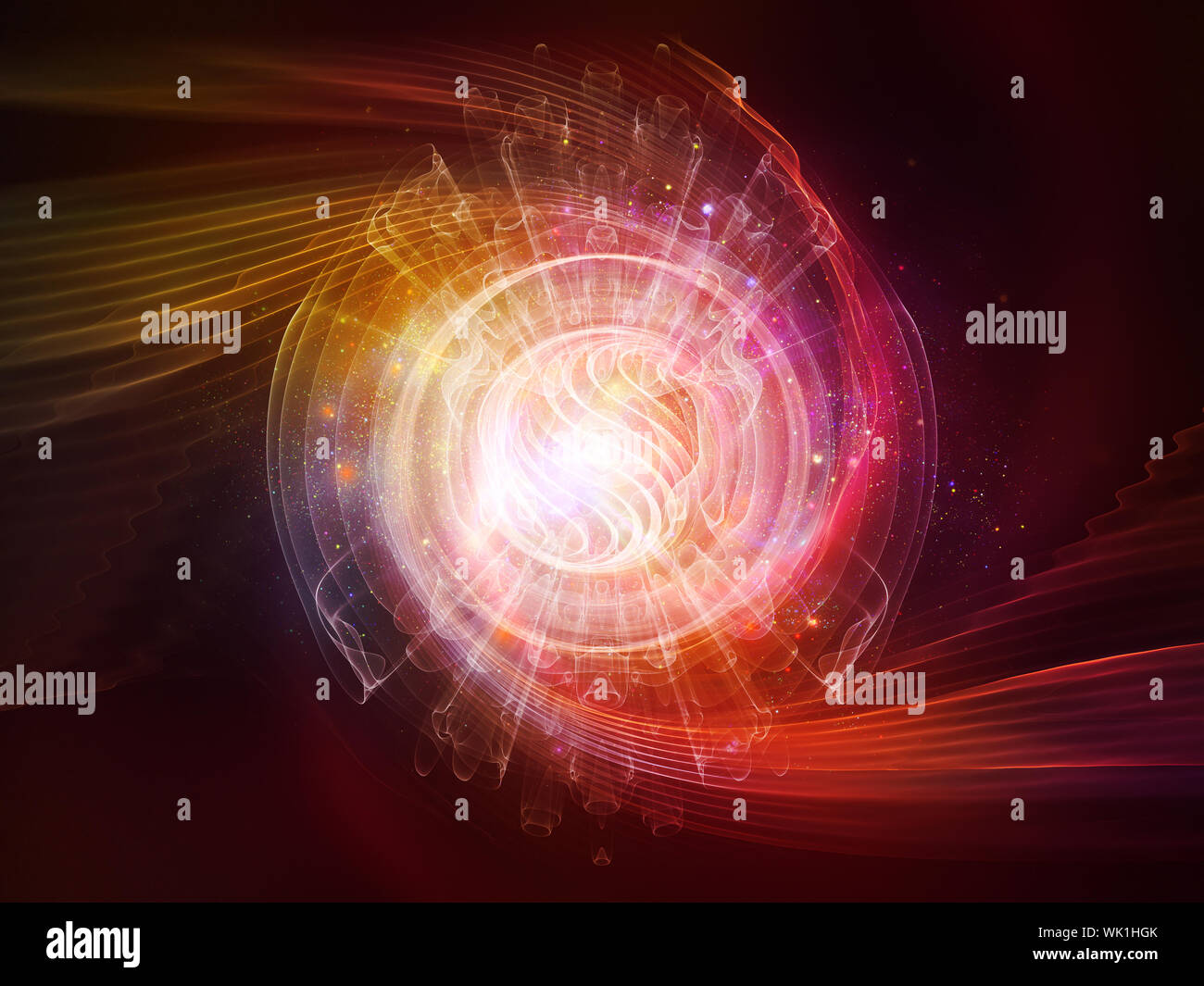 Serie atomica. Gioco di luci e di elementi di fractal sul tema della meccanica quantistica, la fisica delle particelle e l'energia. Foto Stock