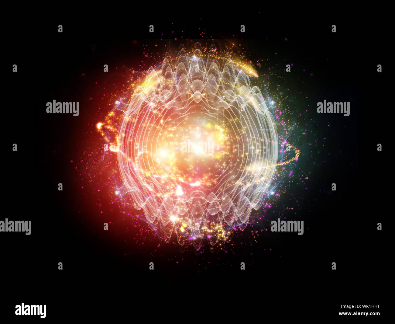 Serie atomica. Gioco di luci e di elementi di fractal sul tema della meccanica quantistica, la fisica delle particelle e l'energia. Foto Stock