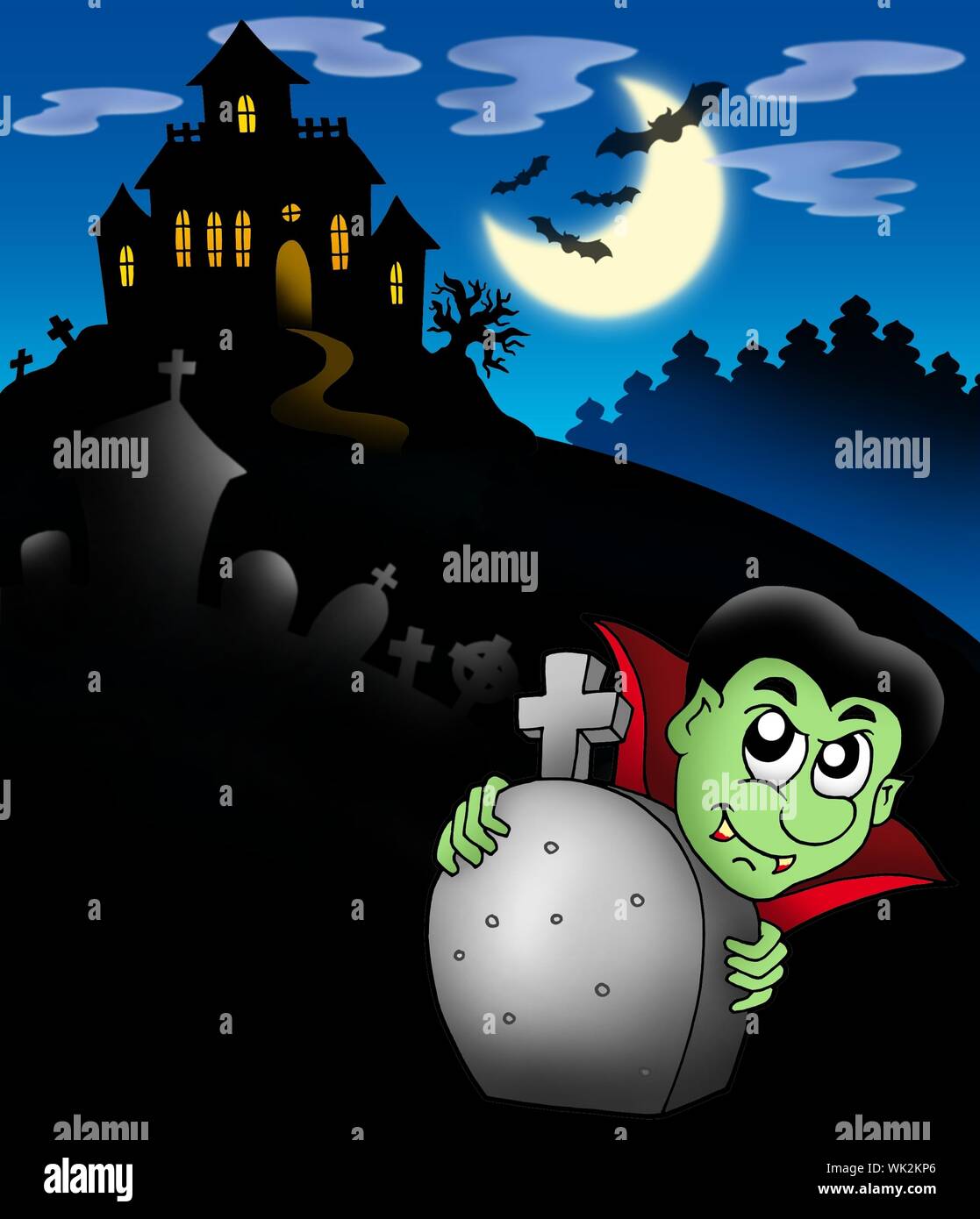 Vampiro con Haunted Mansion - Illustrazione a colori. Foto Stock