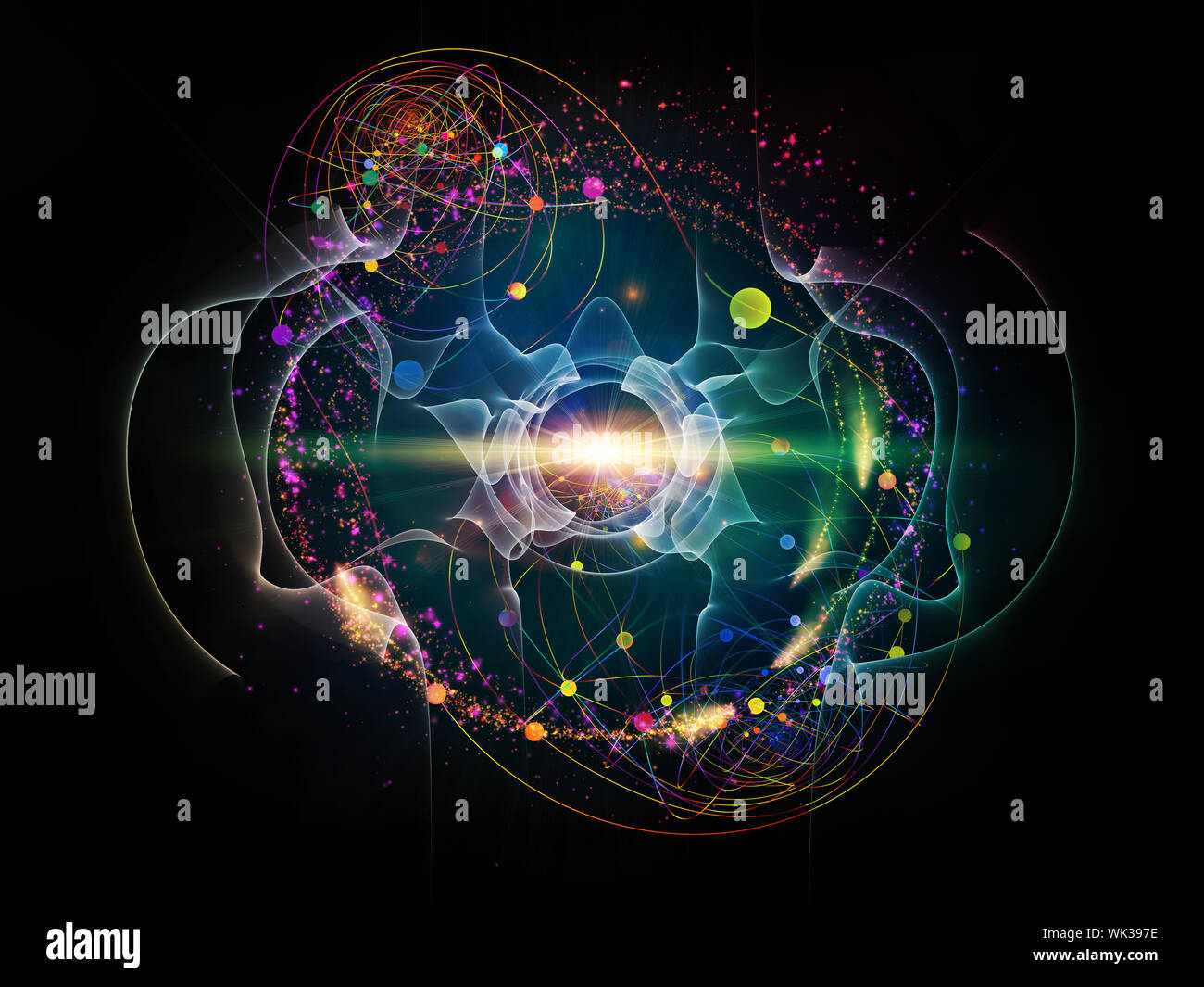 Le particelle elementari serie. Interazione di astratto forme frattali in materia di fisica nucleare, scienza e graphic design. Foto Stock