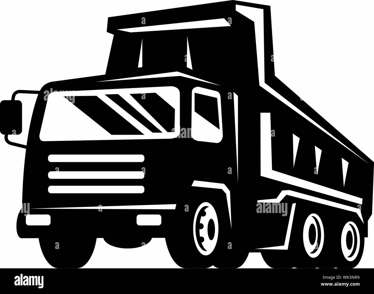 Illustrazione di un autocarro autocarro con cassone ribaltabile o camion  visto dal lato anteriore in basso angolo in bianco e nero Foto stock - Alamy