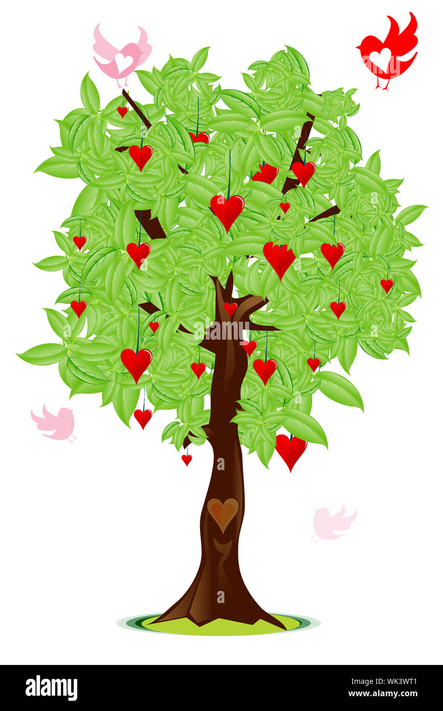 Illustrazione di uccello amore volare intorno alla struttura ad albero con cuore Foto Stock