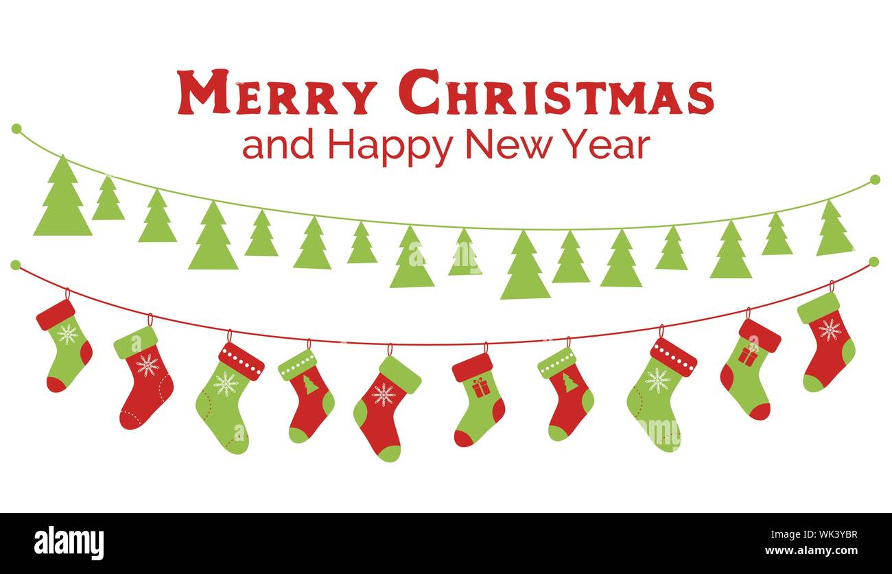 Calze di Natale e albero di natale ghirlande. Banner di vettore, biglietto di auguri Illustrazione Vettoriale