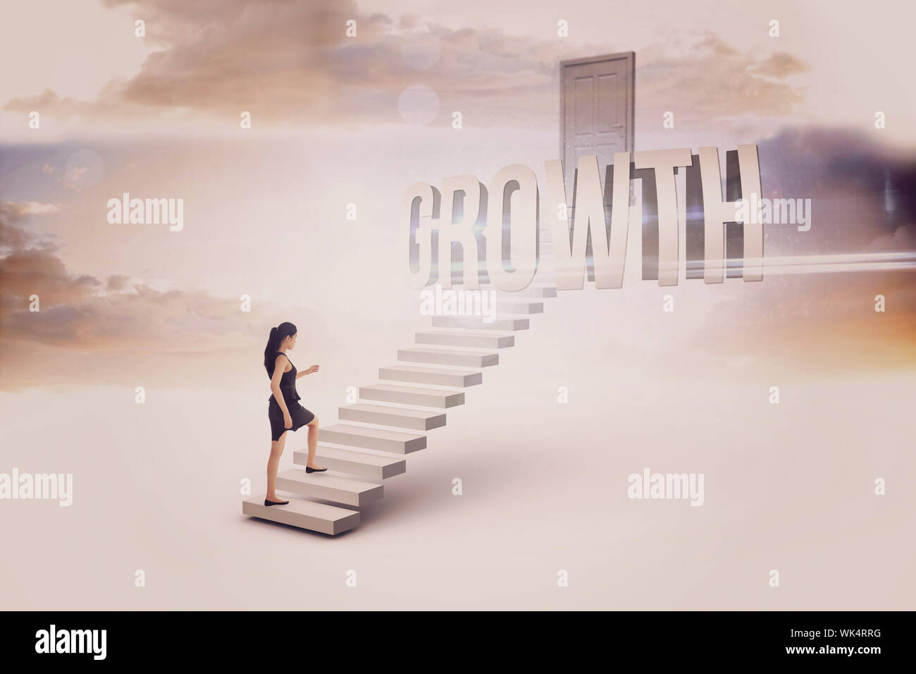 La parola crescita e imprenditrice intensificando contro i passaggi di colore bianco che conduce a porta chiusa Foto Stock