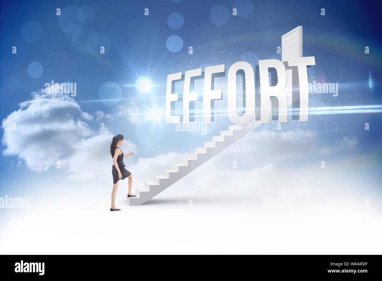 La parola lo sforzo e imprenditrice intensificare la scalinata che conduce a porta chiusa nel cielo Foto Stock