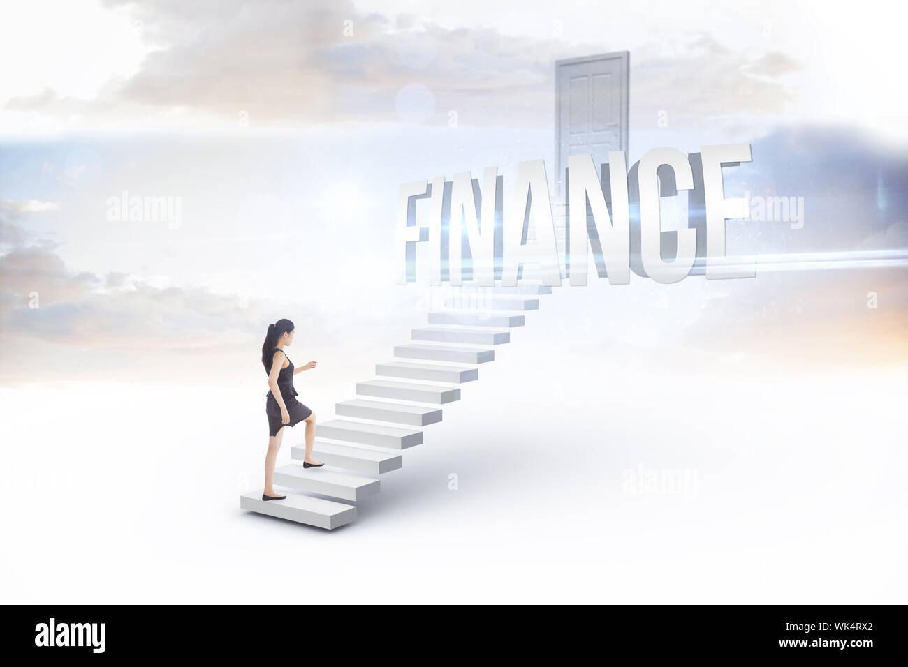 La parola finanza e imprenditrice intensificando contro i passaggi di colore bianco che conduce a porta chiusa Foto Stock