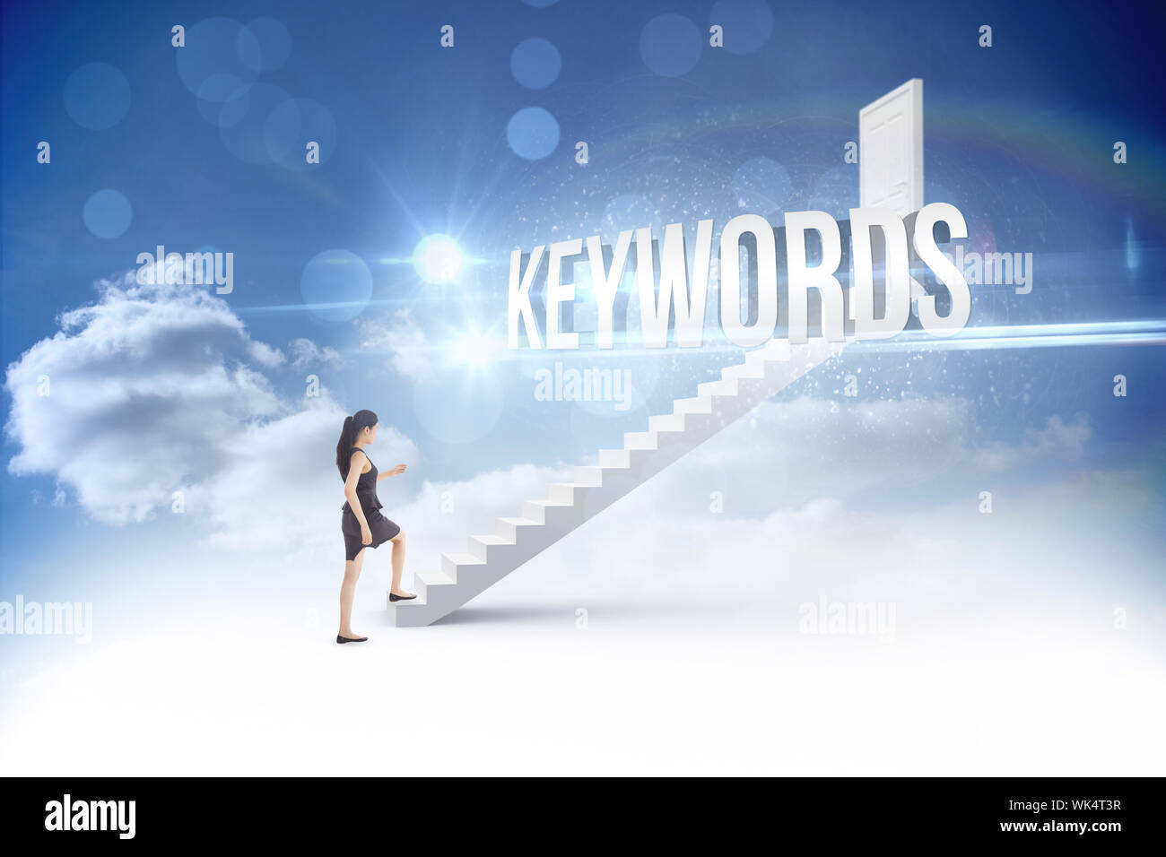 La parola parole chiave e imprenditrice intensificando contro la scalinata che conduce a porta chiusa nel cielo Foto Stock