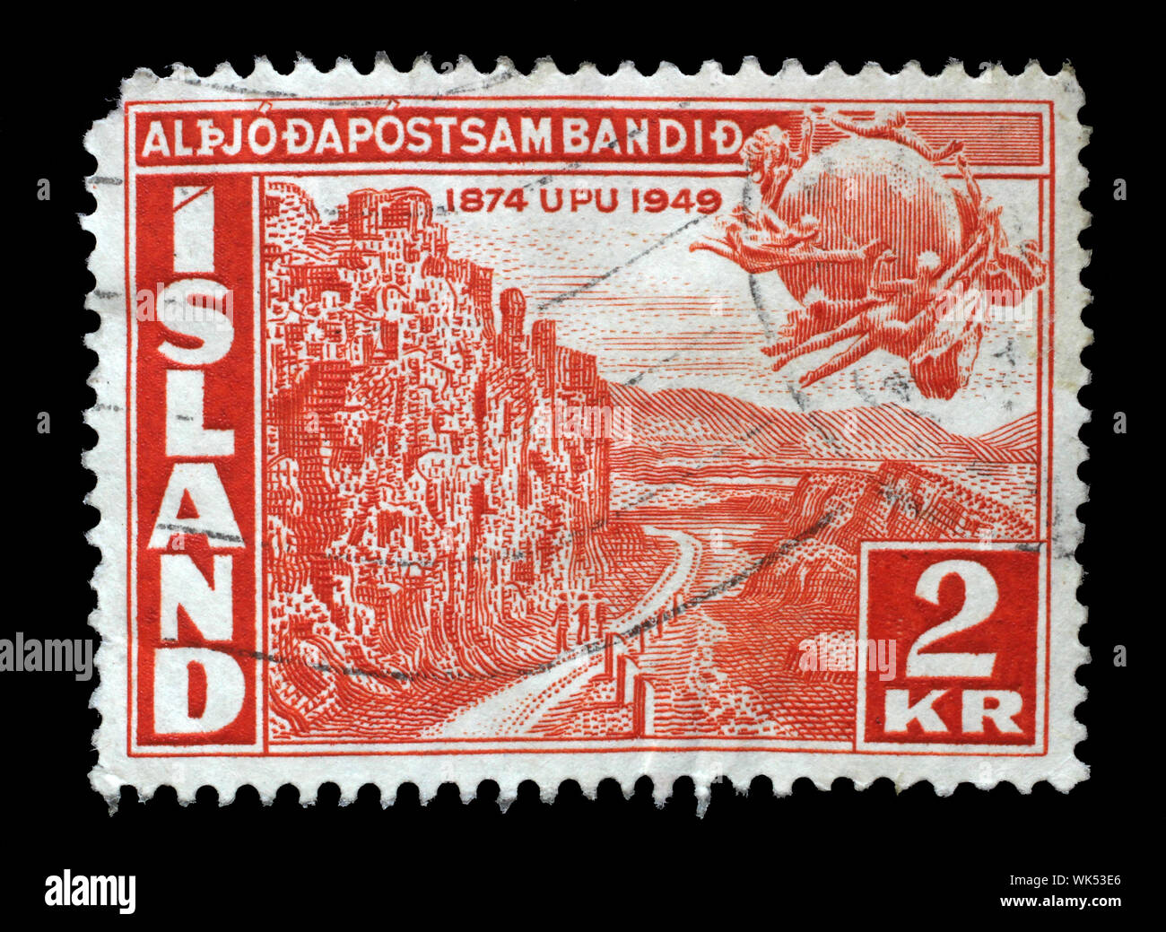 Timbro rilasciato in Islanda mostra il settantacinquesimo anniversario dell'Unione postale universale, circa 1949. Foto Stock