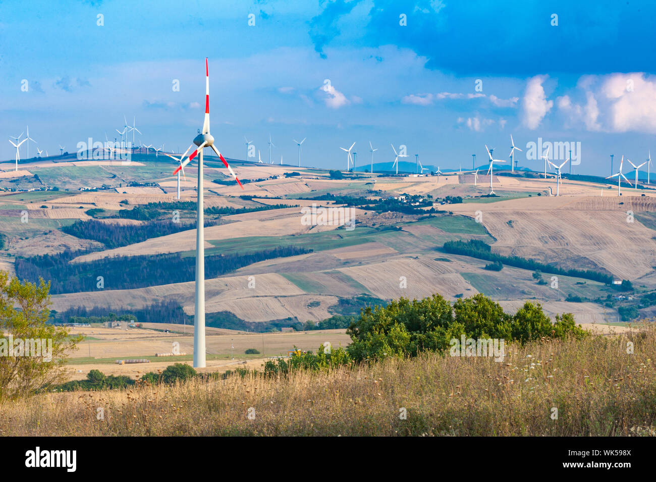 Le colline di Capitanata in nord Puglia ospita un grande numero di generatori di vento. Foto Stock