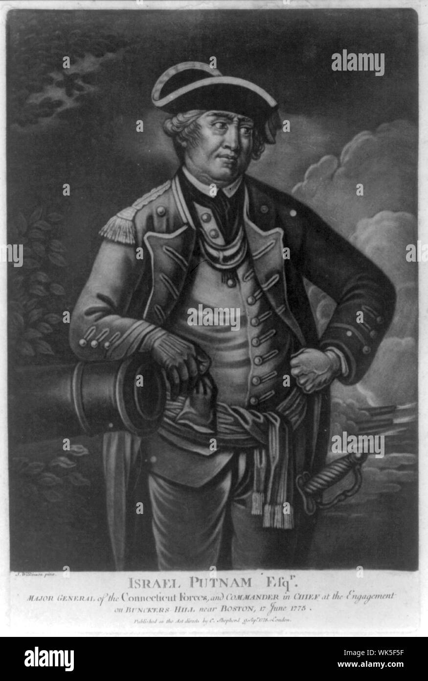 Israele Putnam, Esq'r. - Maggiore Generale del Connecticut forze e comandante in capo all'innesto sul Bunckers-Hill vicino a Boston, 17 giugno 1775 Abstract: Stampa Mostra Israele Putnam, tre quarti di lunghezza verticale, indossando uniforme militare, in piedi, rivolta leggermente a destra, con il braccio destro in appoggio sulla canna di un cannone, cannoni in background. Foto Stock