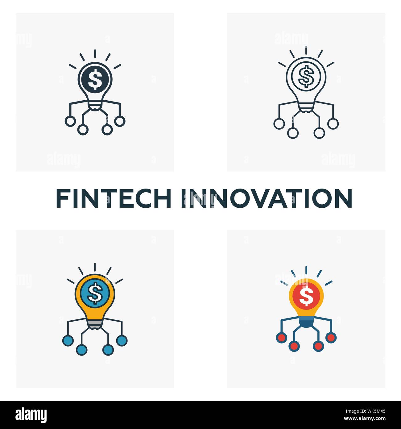 Innovazione Fintech icon set. Quattro elementi in diversi stili dal fintech raccolta di icone. Creative innovazione fintech icone riempito, contorno Illustrazione Vettoriale