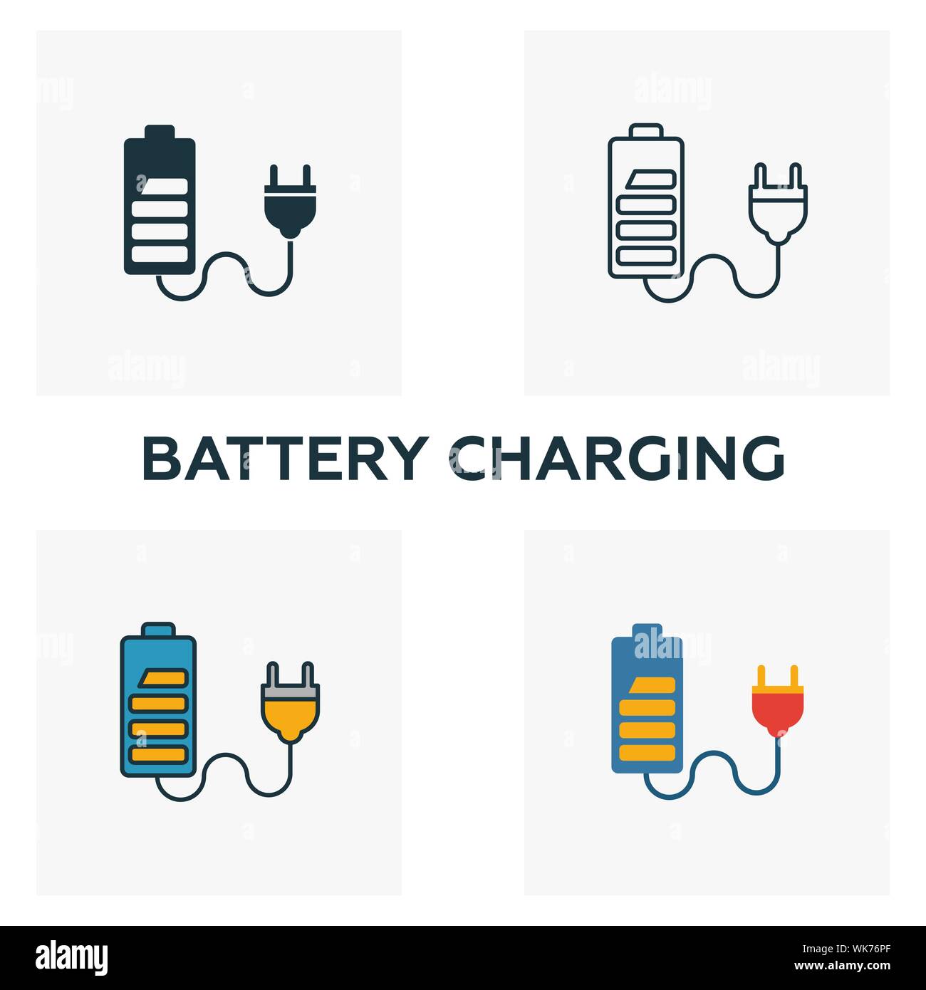 Icona della batteria in carica set. Quattro elementi in diversi stili dalla potenza ed energia raccolta di icone. Creative per la ricarica della batteria piena di icone, contorno Illustrazione Vettoriale