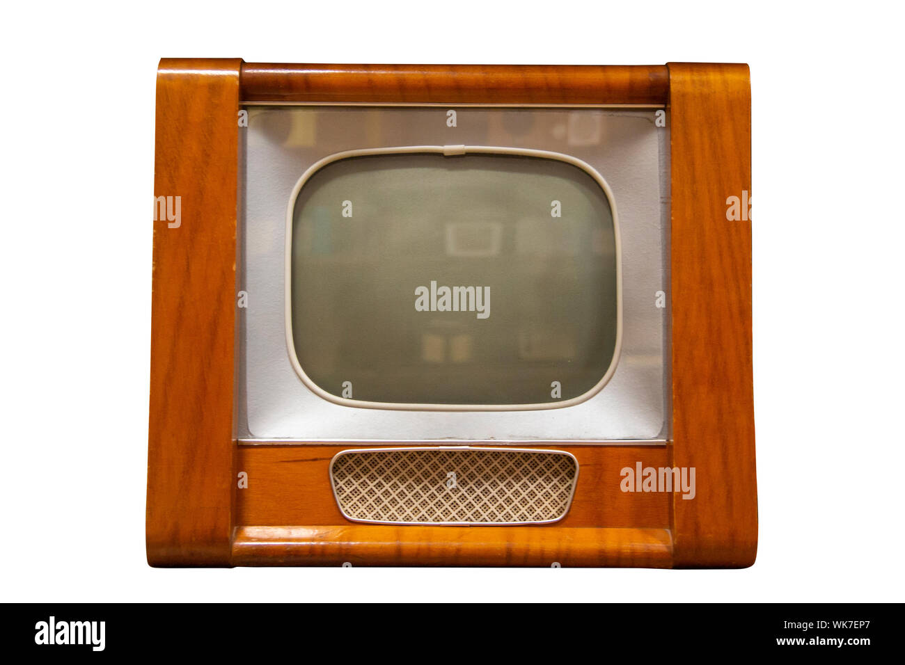 Televisione Vintage vecchia Tv isolato su sfondo bianco. Vecchia Televisione Chiudi. Vecchio Grungy Vintage Tv tecnologia retrò. Foto Stock