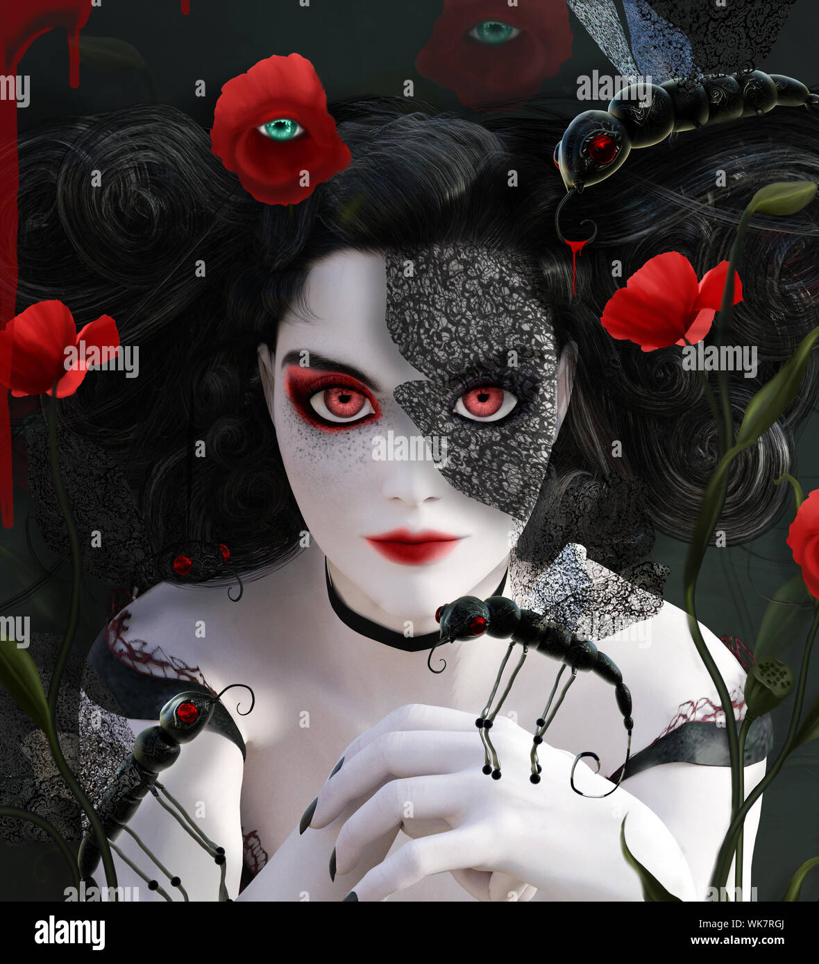 Dark gothic donna con papaveri surreale e farfalle Foto Stock