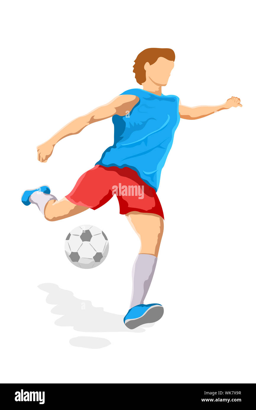 Illustrazione del giocatore di calcio con calcio su sfondo bianco Foto Stock