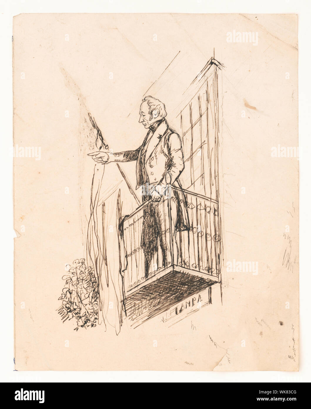 J.R. Poinsett, Segretario della guerra Abstract: disegno mostra Joel Roberts Poinsett, ritratto a figura intera, in piedi su un balcone rivolto verso sinistra, gesti di una folla di seguito; c'è un segno di Tampa etichettato sotto il balcone. Foto Stock