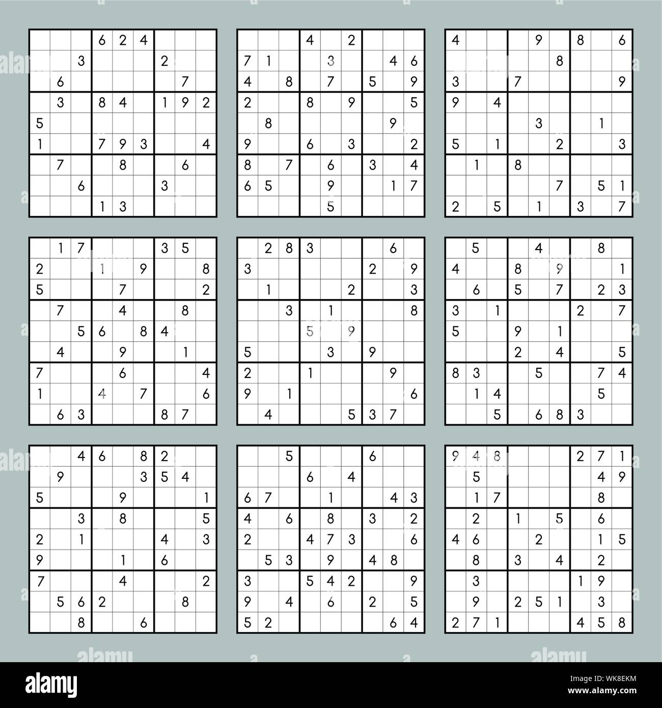 9 sudoku grande set di vettore. Giapponese gioco di puzzle Illustrazione Vettoriale