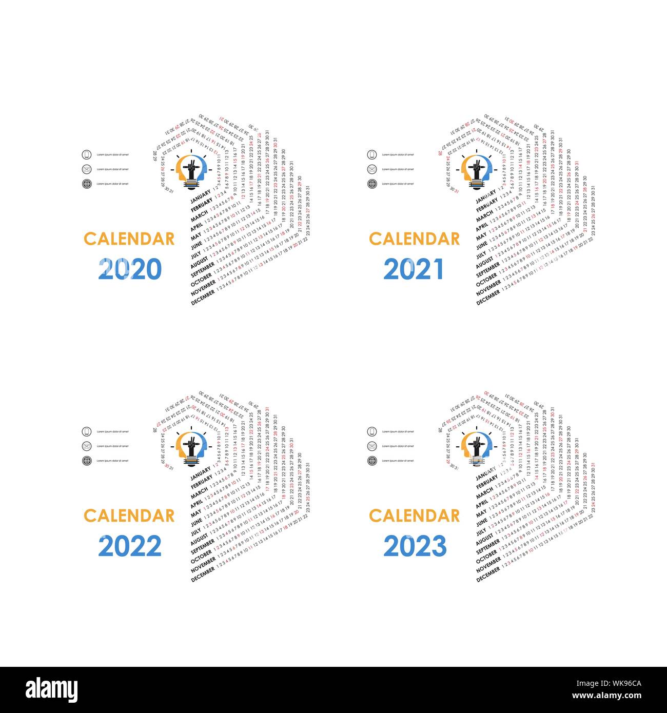 Il calendario 2020, 2021,2022 e 2023 Calendario modello.Calendar design.calendario annuale vector design modello di cancelleria.illustrazione vettoriale. Illustrazione Vettoriale