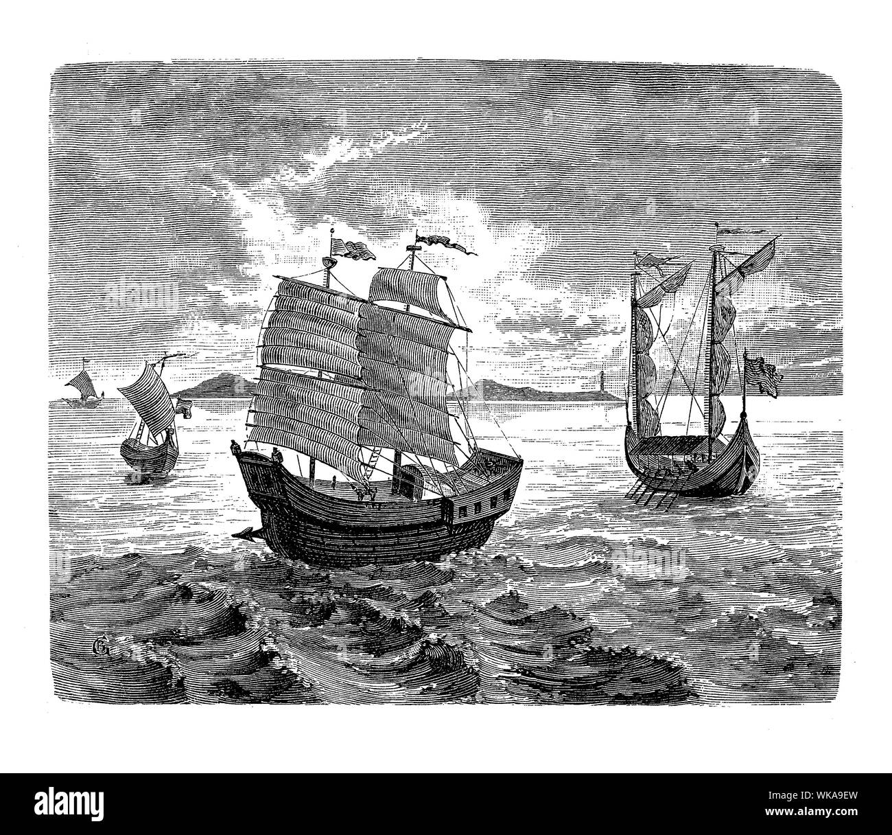 Caracca navi della spedizione spagnola comandata dall'esploratore portoghese Ferdinando Magellano di circumnavigare il mondo Foto Stock Caracca navi della spedizione spagnola comandata dall'esploratore portoghese Ferdinando Magellano di circumnavigare il mondo Foto Stock