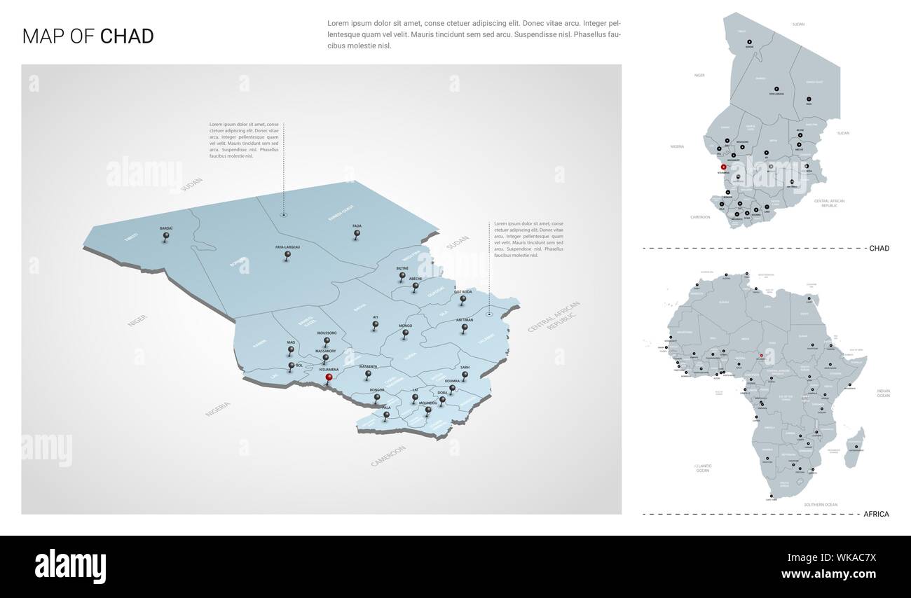 Set di vettore del Ciad paese. Vista isometrica mappa in 3d, Ciad, mappa Africa mappa - con regione, stato nomi e nomi di città. Illustrazione Vettoriale