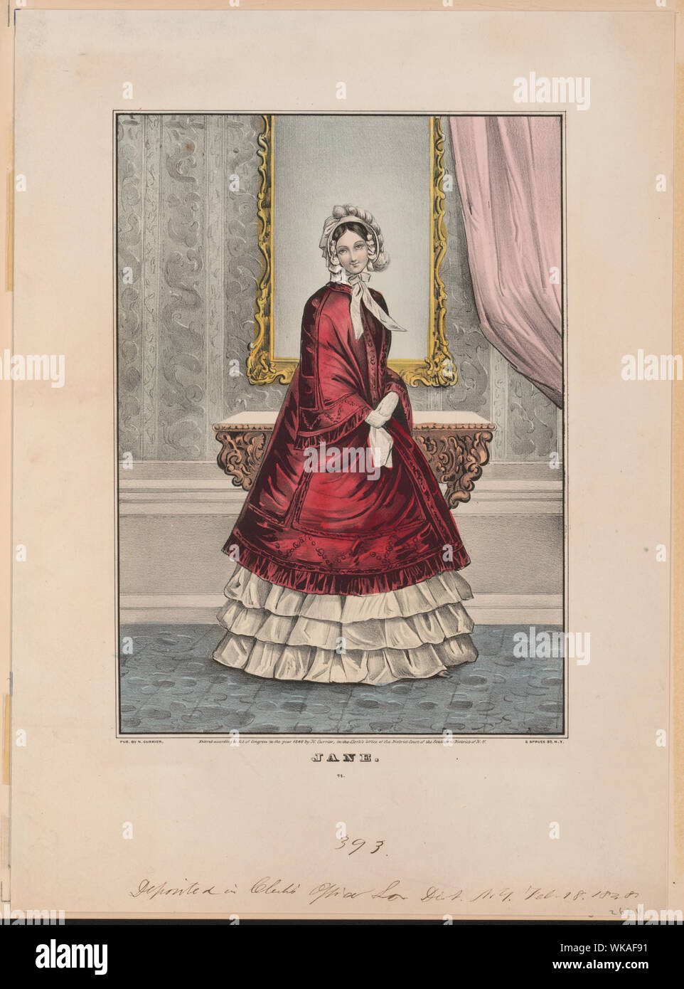 Jane Abstract: stampa mostra un full-length ritratto di una giovane donna, in piedi, rivolto verso la parte anteriore con tavolo e specchio di grandi dimensioni in background. Foto Stock