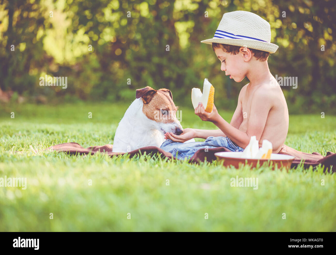 Durante il picnic boy tratta cane domestico con il bit di melone Foto Stock