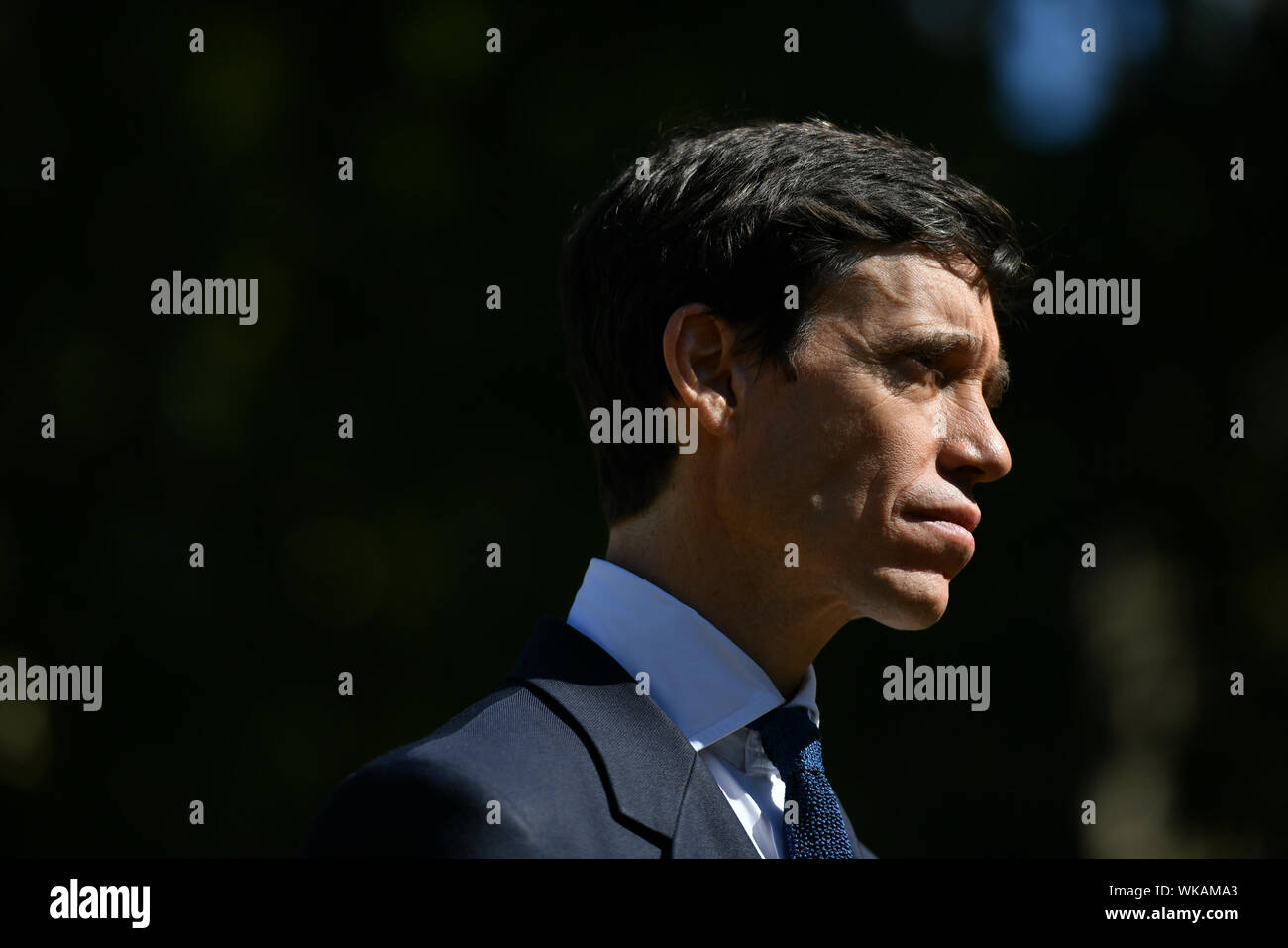 Rory Stewart parla ai media su College Green al di fuori della sede del parlamento di Westminster a Londra. Foto Stock