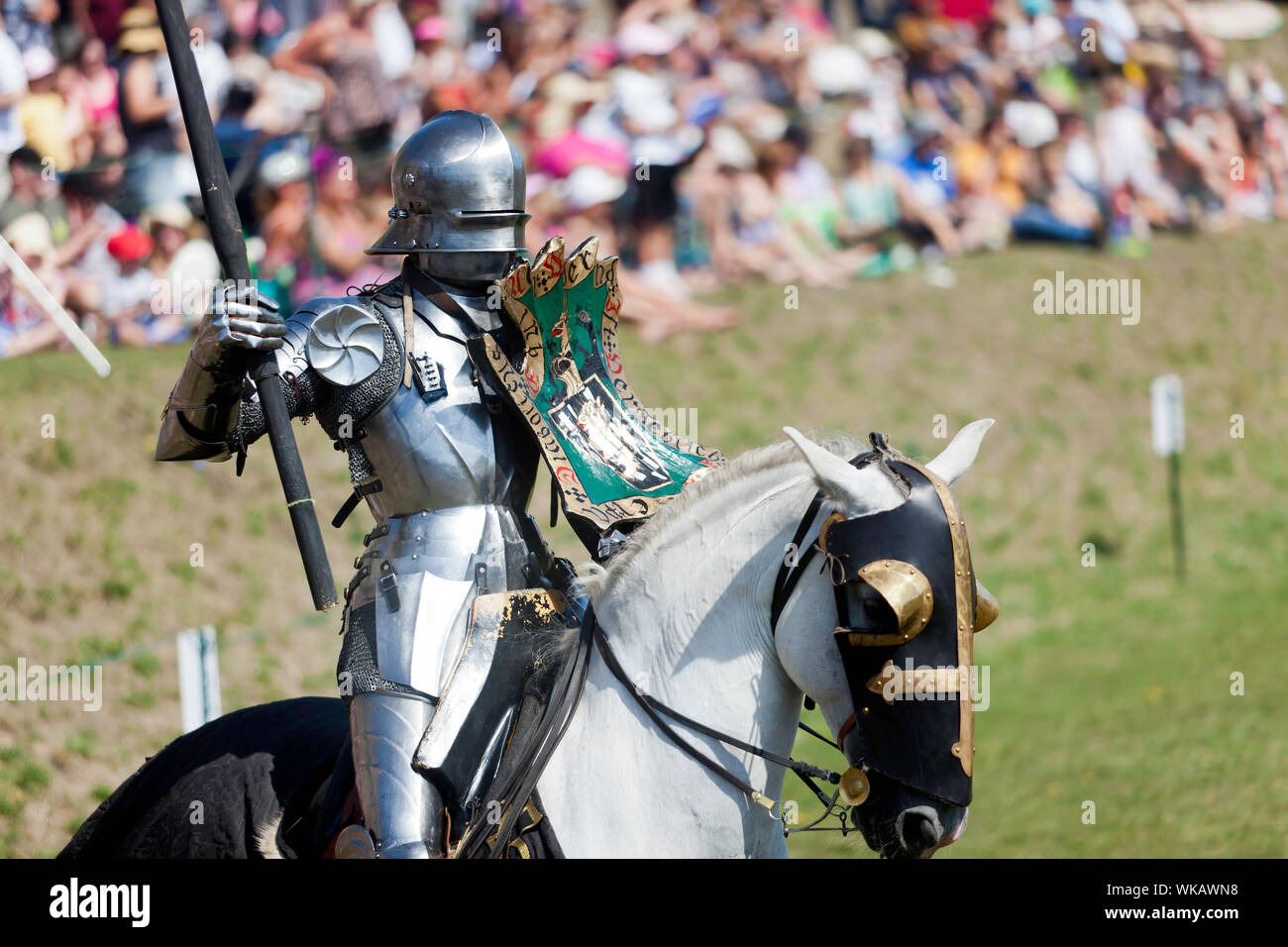 Close-up di un cavaliere montato, prendendo parte a una giostra medievale presso il castello di Dover Foto Stock