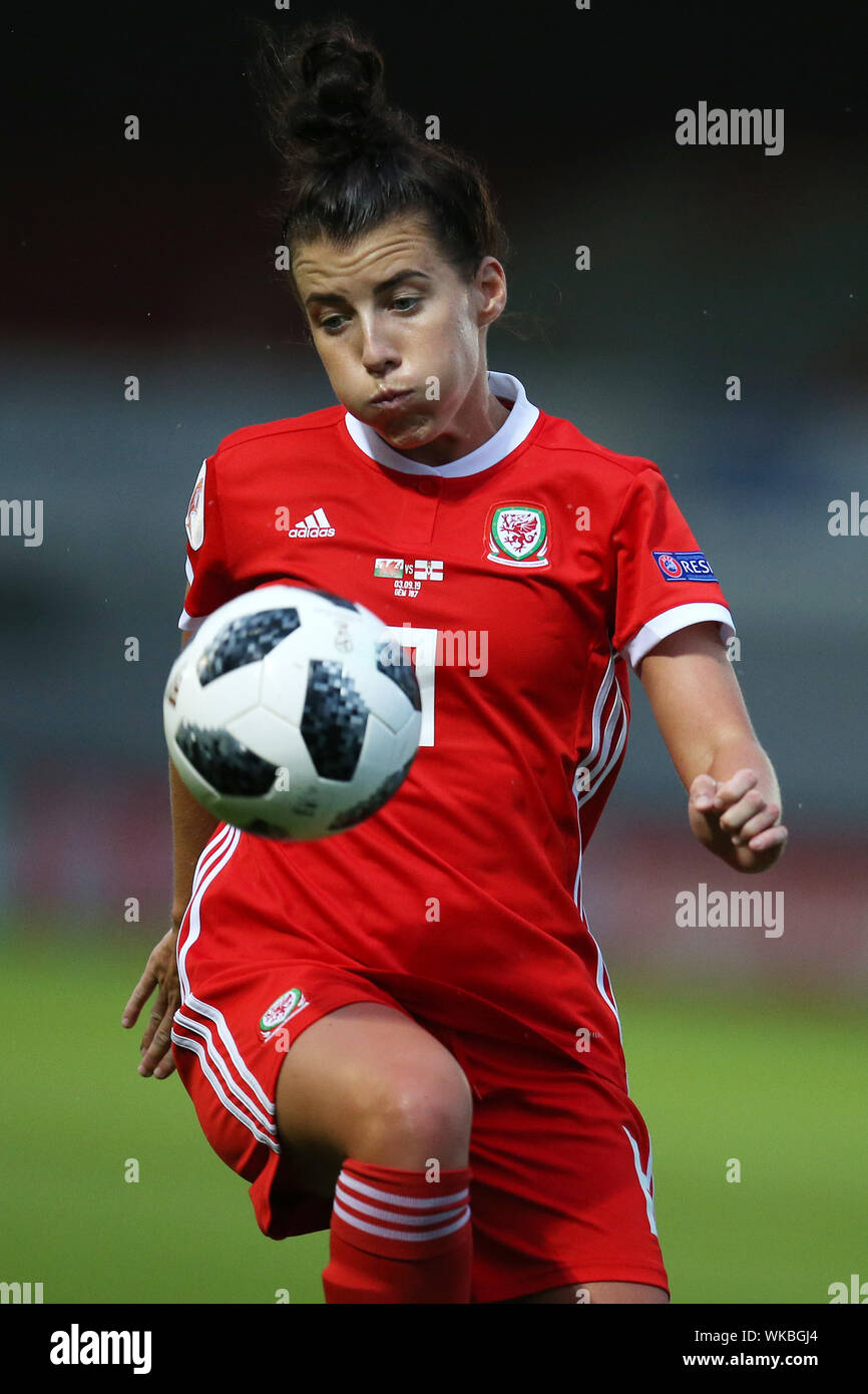 Newport, Regno Unito. 03Sep, 2019. Angharad James del Galles le donne in azione. Le donne del Galles v Irlanda del Nord le donne, femminile UEFA EURO 2021 Campionato, gruppo c match di qualificazione a Rodney Parade di Newport South Wales martedì 3 settembre 2019. pic da Andrew Orchard/Alamy Live News Foto Stock