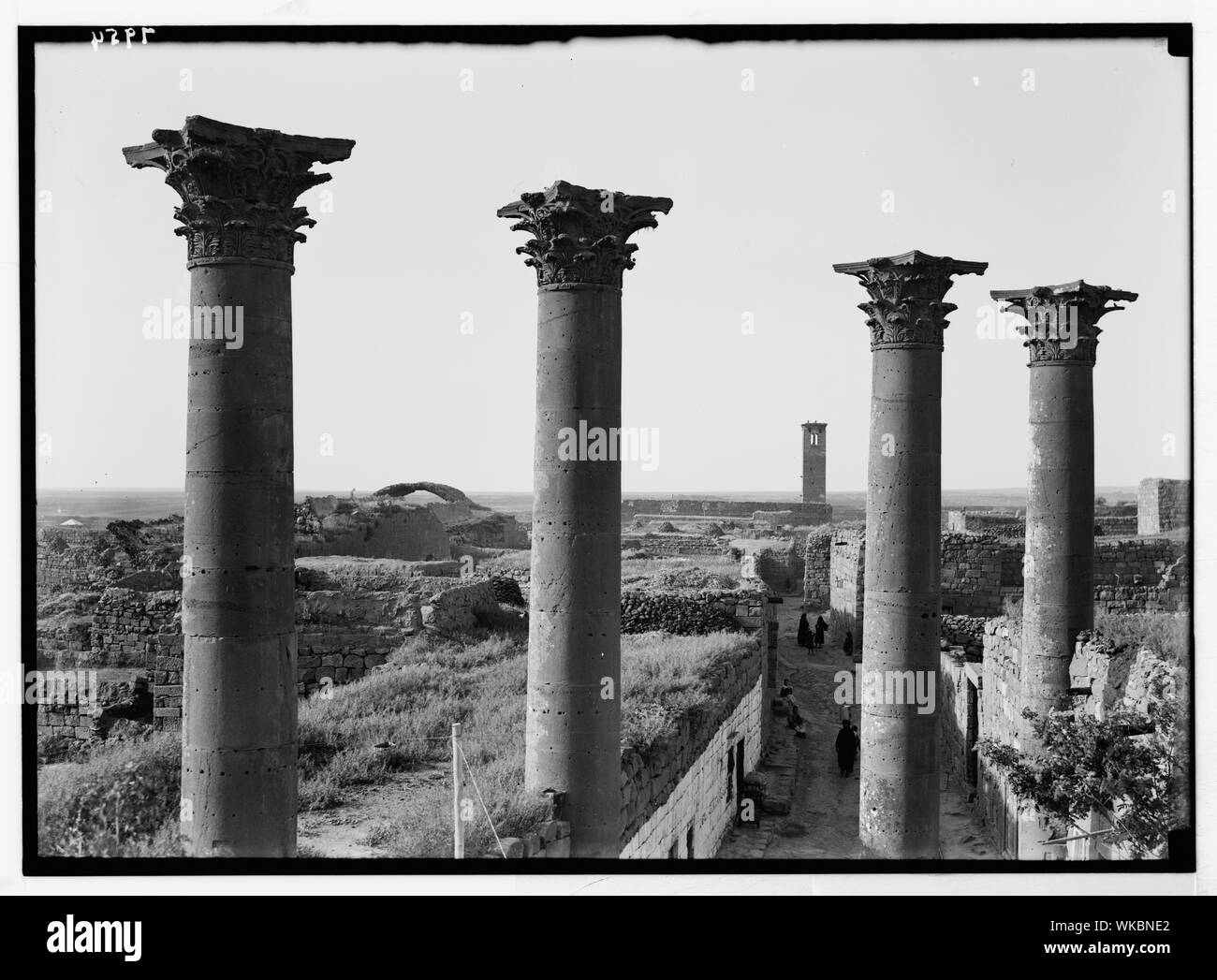 Jebel el-Drusi & Hauran. Bassora Eski Sham. Quattro colonne. Vista su strada Foto Stock