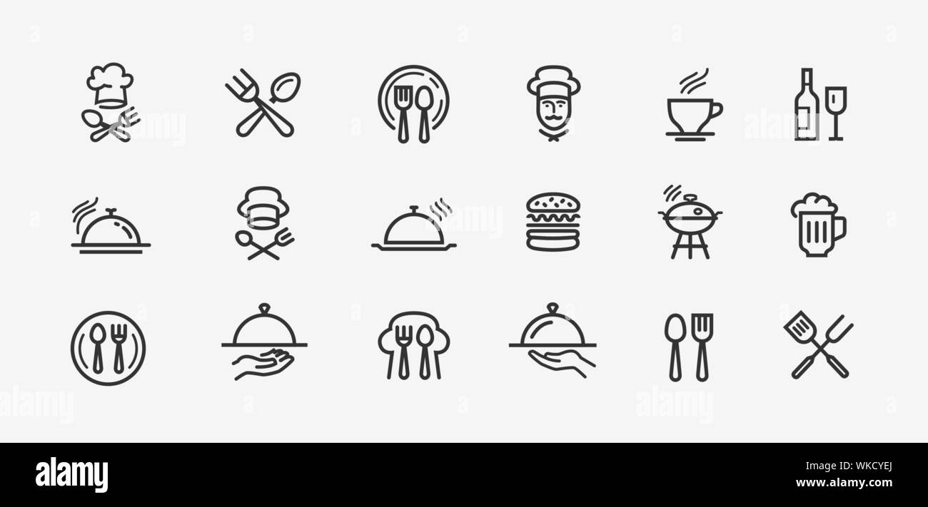 Set di icone di cibo. Logo vettoriale di raccolta con profilo nero per la progettazione di siti Web o applicazioni mobili Illustrazione Vettoriale
