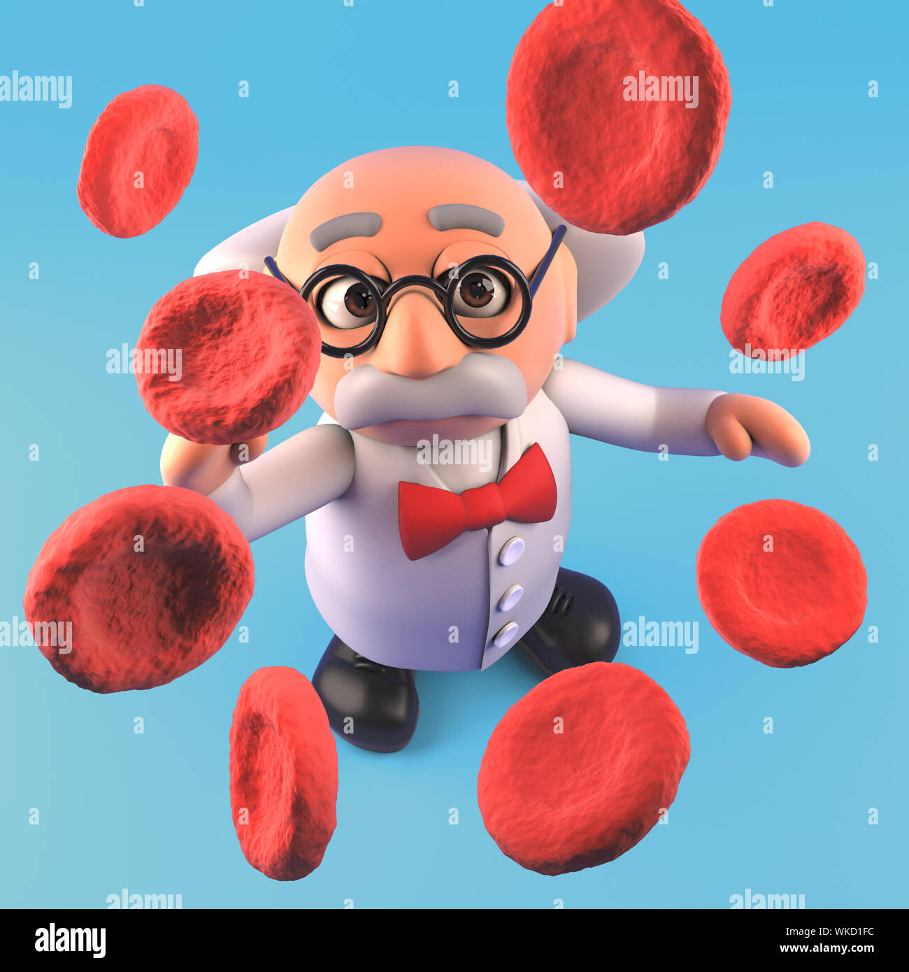 3D fumetto mad professor scienziato guardando a grandi cellule del sangue,  3D render illustrazione Foto stock - Alamy