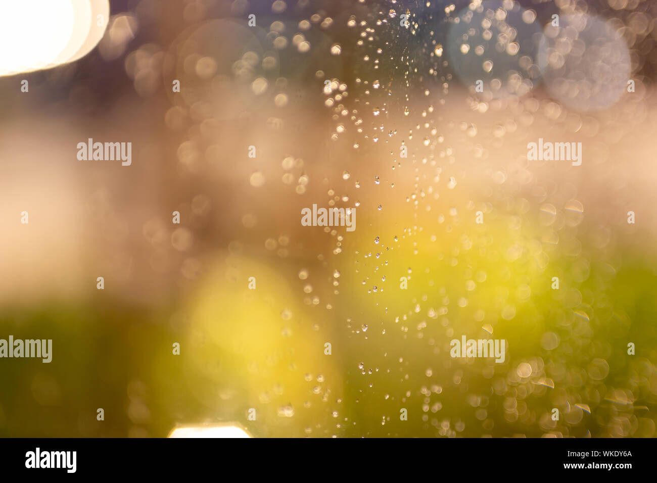 Acqua delle gocce di pioggia sulla finestra con vetro colorato bokeh di illuminazione in background. Foto Stock
