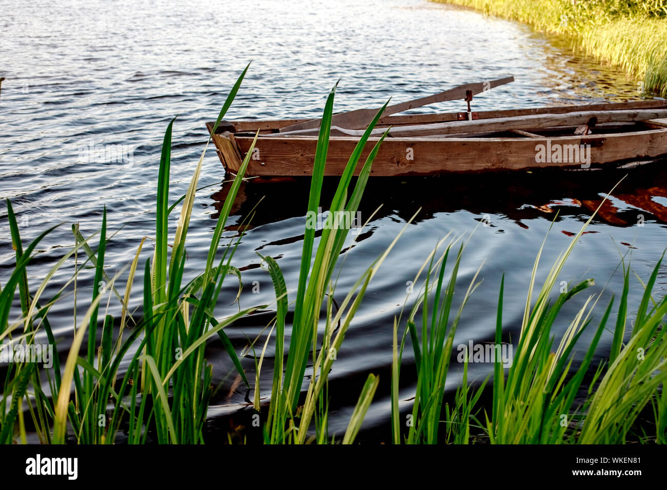 Una piccola barca a remi in legno barca con una rotta sul fondo di un lago calmo vicino alla riva. Bielorussia Foto Stock