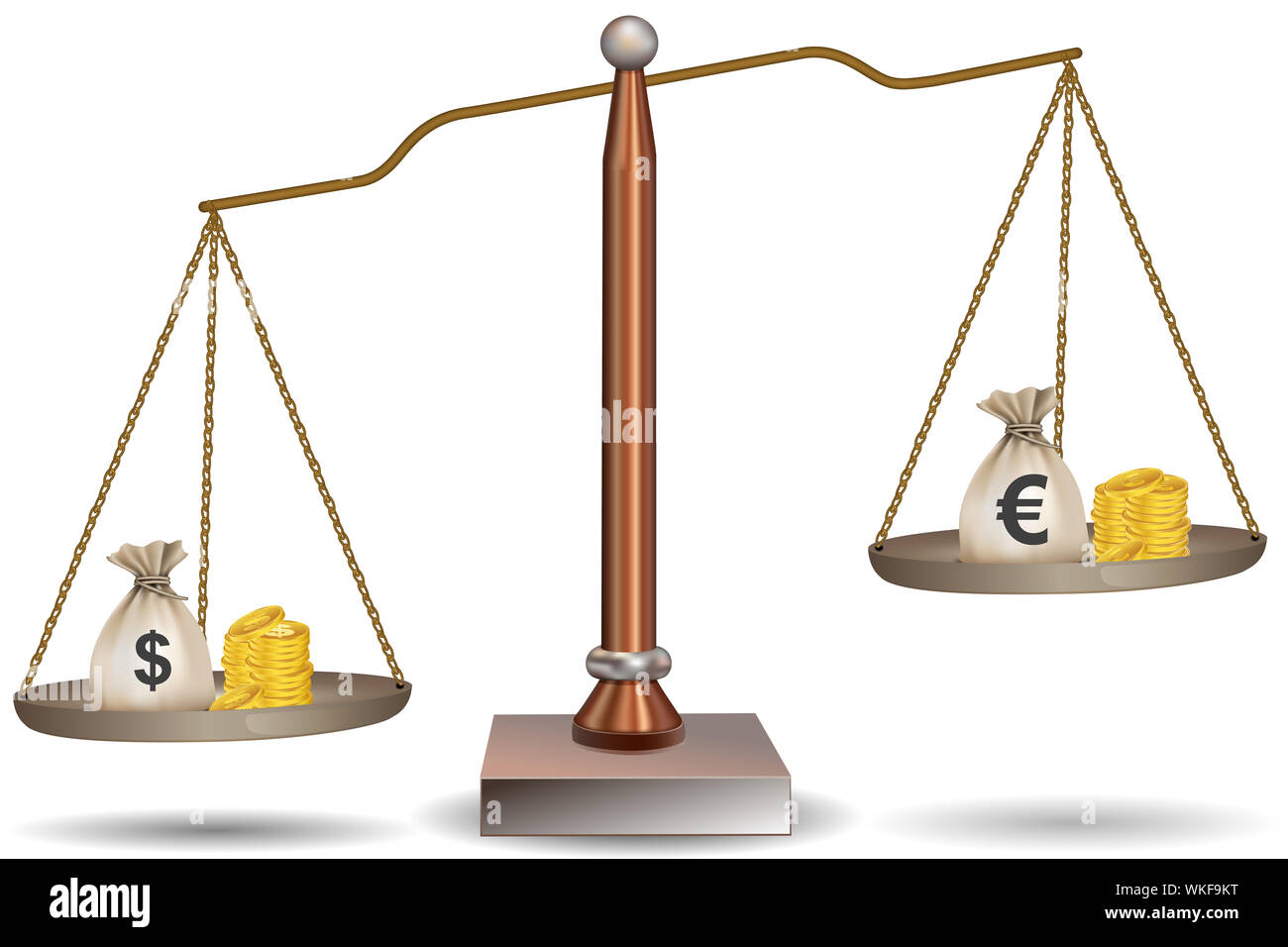 Illustrazione di equilibrio del fascio con sacchetti di valuta su sfondo bianco Foto Stock