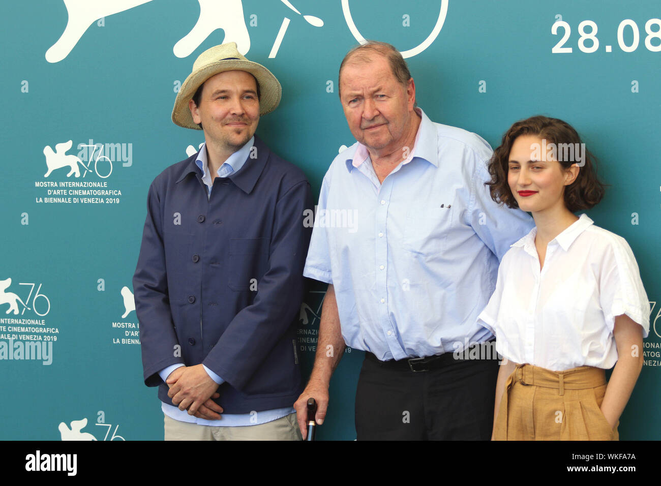 L'Italia, Lido di Venezia, 3 Settembre 2019 : direttore svedese Roy Andersson, Anders Hellstrom e Tatiana Delaunay pone durante un photocall per il mov Foto Stock