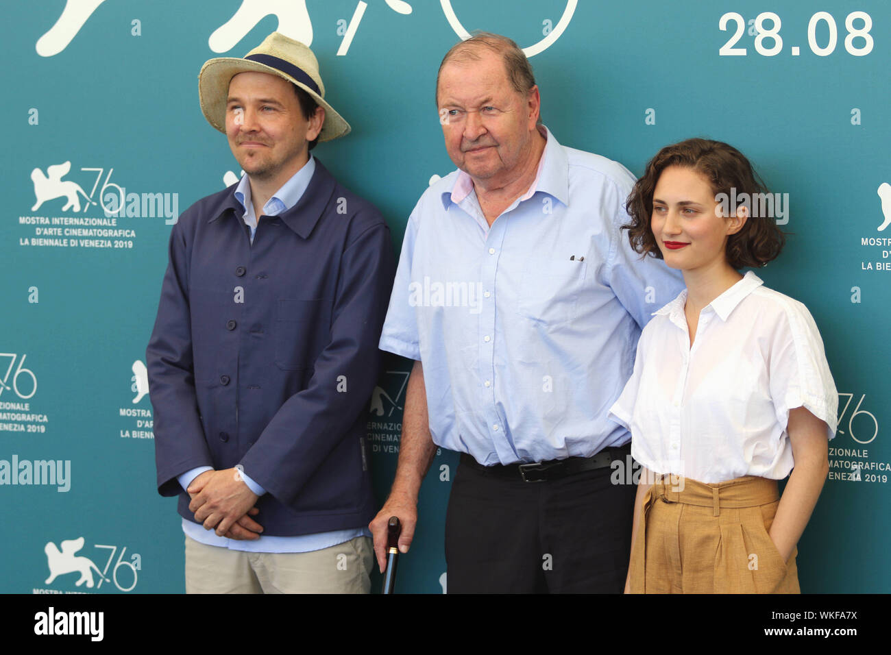 L'Italia, Lido di Venezia, 3 Settembre 2019 : direttore svedese Roy Andersson, Anders Hellstrom e Tatiana Delaunay pone durante un photocall per il mov Foto Stock