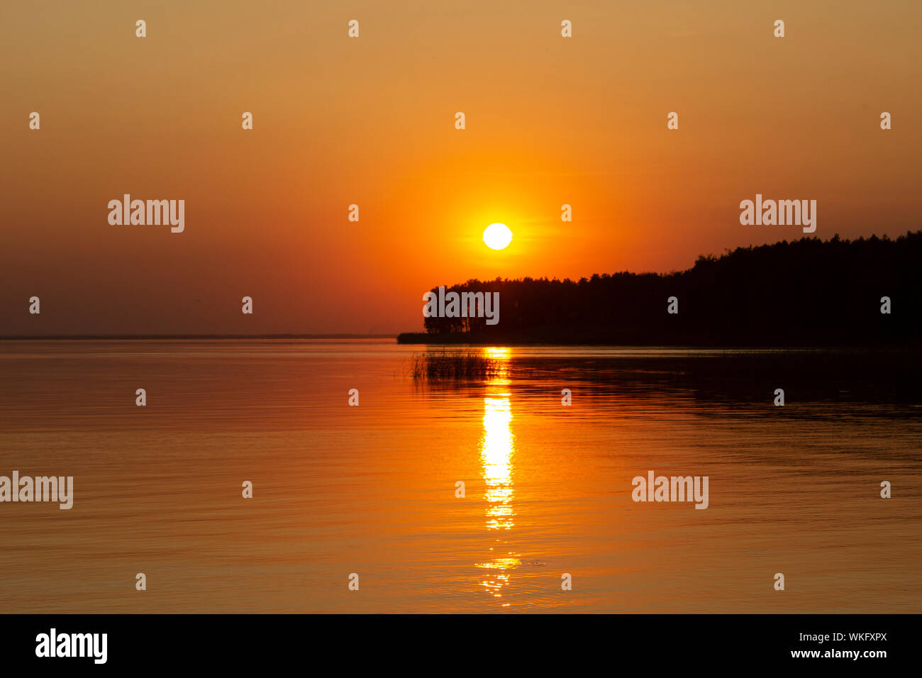 La foto del tramonto dorato sopra il fiume o mare. Riflesso in acqua come il fuoco. Seacoast. Foto Stock