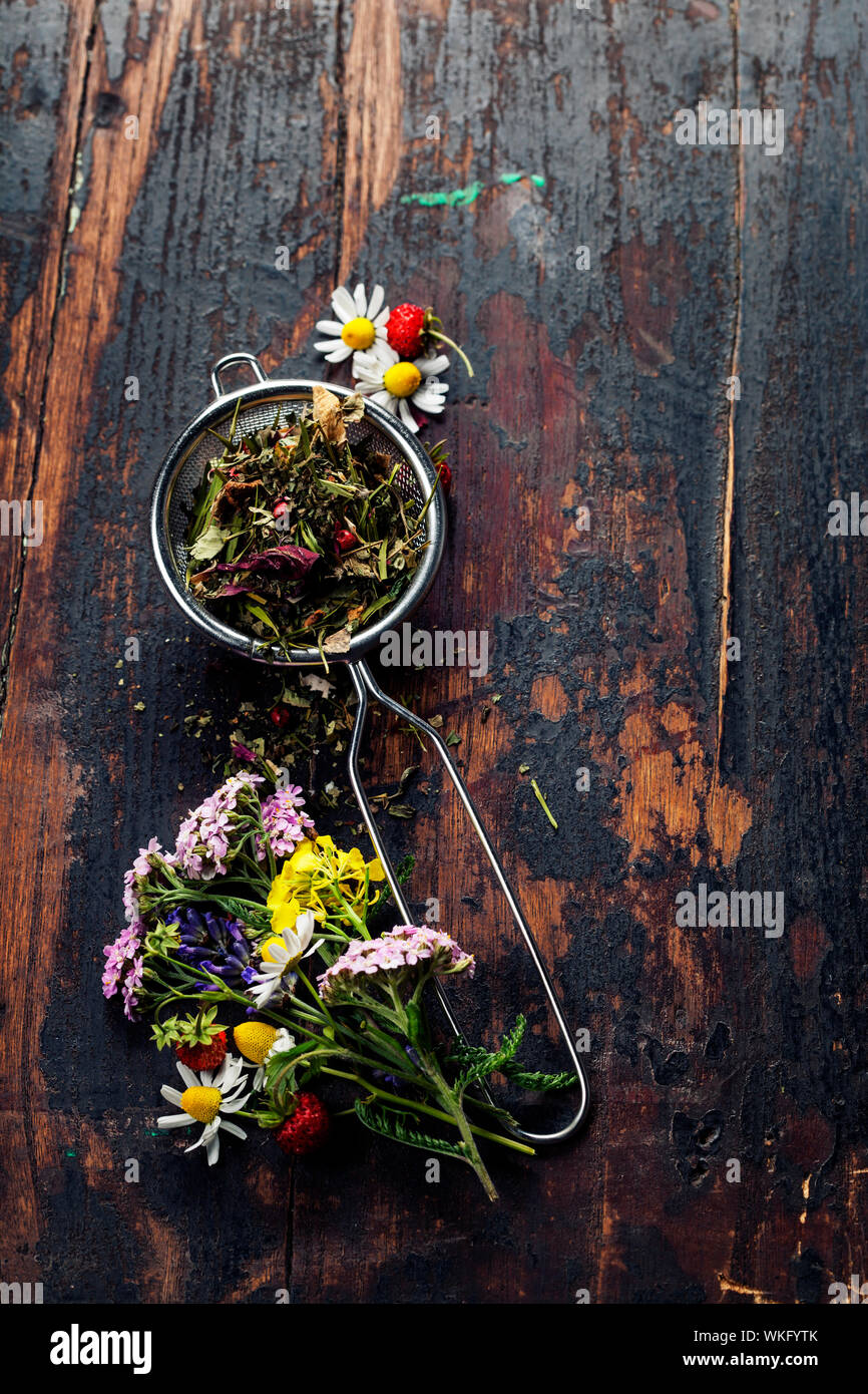 Stainer tè aromatico con tè alle erbe su un tavolo di legno sfondo Foto Stock