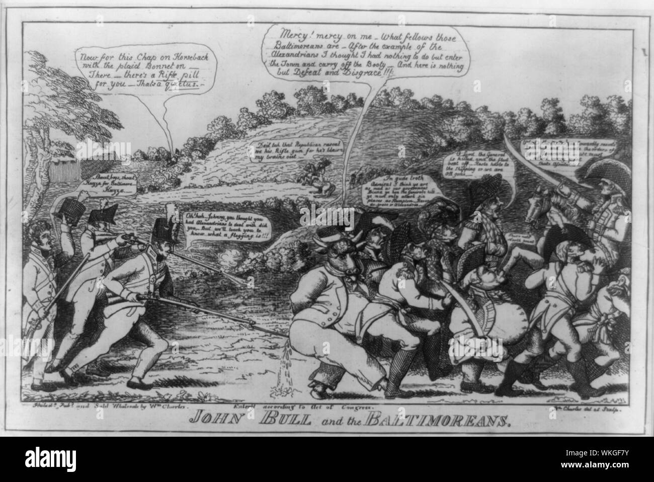 John Bull e la Baltimoreans Abstract: In netto contrasto con la stampa Alexandrians, il Baltimoreans offerto il British invaders una strenua resistenza. Qui Charles raffigura la repulsione del Royal Army a Fort McHenry e la prestazioni galante della milizia americana ci. In un paesaggio prima di Fort McHenry, i membri dell'American quinto reggimento (a sinistra) perseguire una truppa disordinata di britannici e di soldati delle Highland verso destra. Il primo di loro pungoli la groppa di John Bull (di nuovo, un toro in del marinaio outfit) dicendo, Oh! Hoh! -- Johnny pensavate di aver Alexandrians a trattare Foto Stock