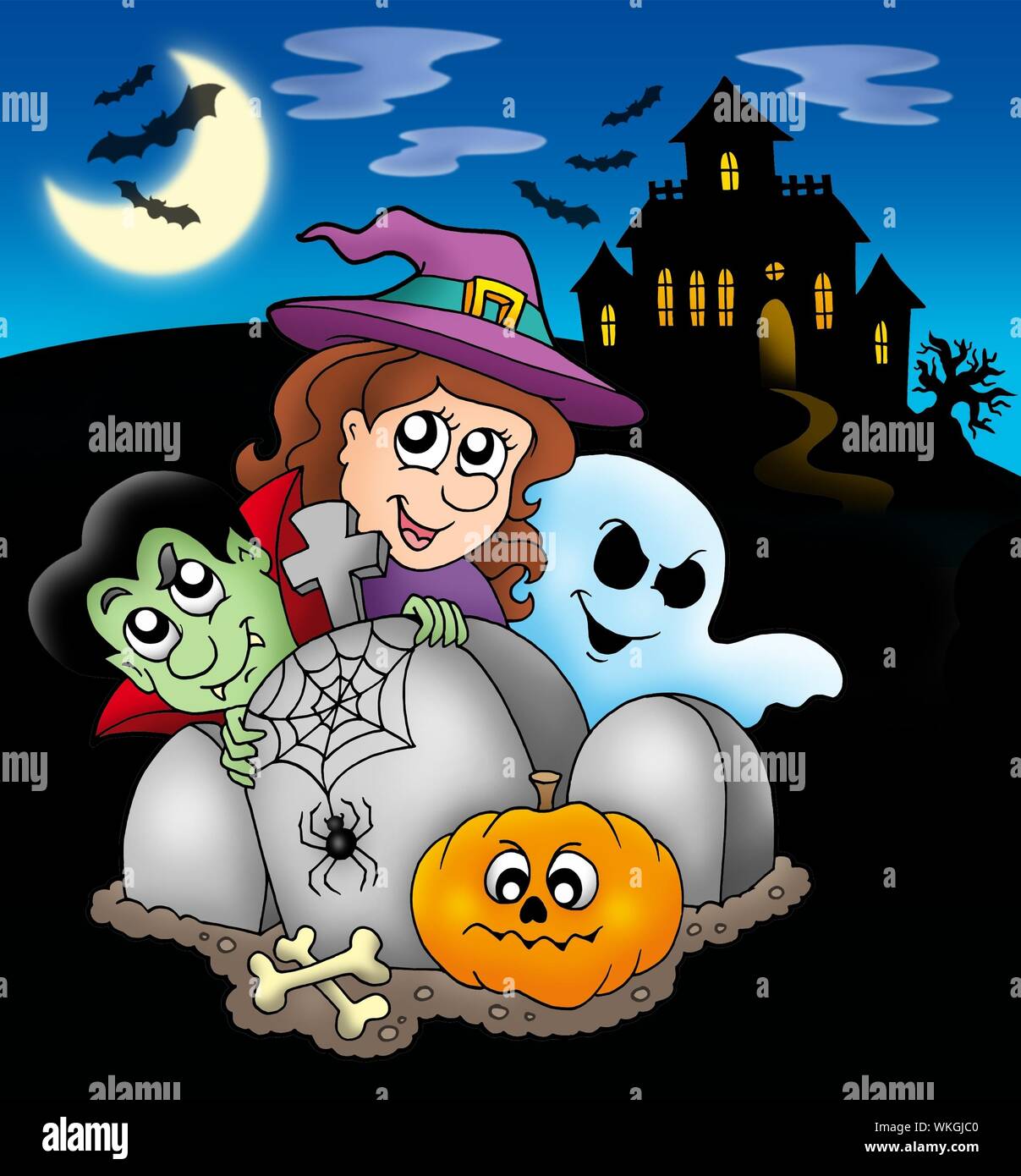 Halloween caratteri prima mansion - Illustrazione a colori. Foto Stock