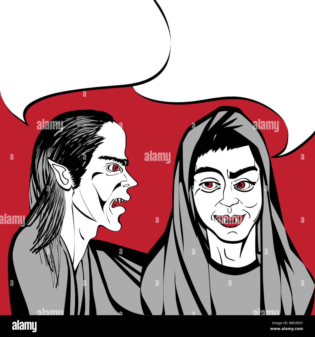 Disegnata a mano illustrazione di due vampiri parlando, divertente pop art scena comica con discorso bolla su uno sfondo rosso Foto Stock