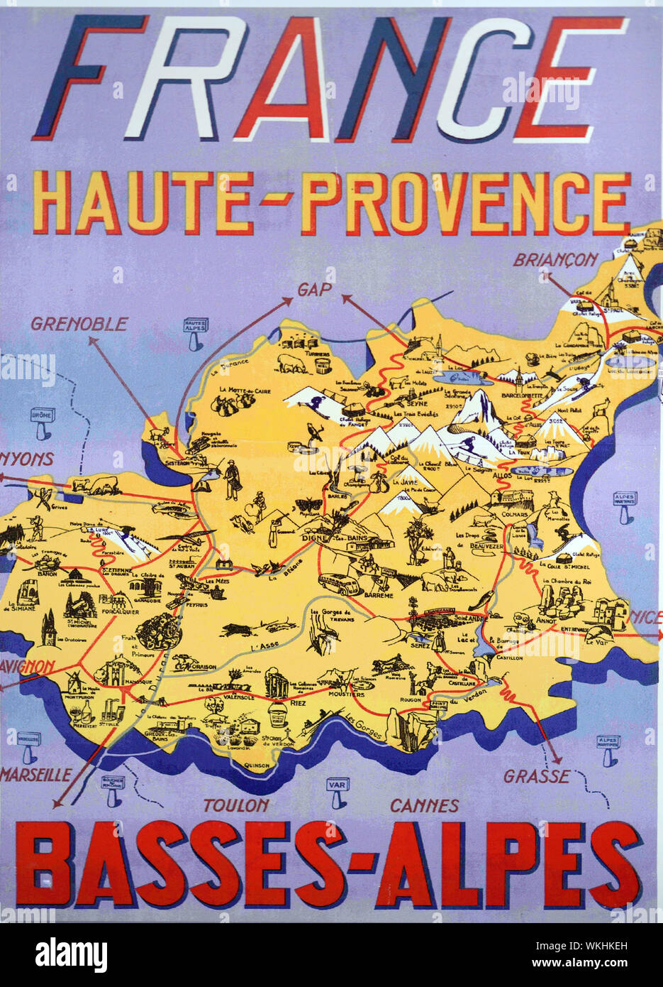 Vecchio o Vintage Mappa Turistica della Haute Provence, Basses-Alpes o Alpes-de-Haute-Provence Francia 1950 Foto Stock