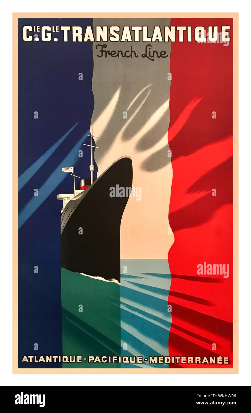 Vintage anni quaranta il francese C.G. Linea Transatlantique Poster Vintage poster di viaggio prodotta da parte della Compagnie Générale Transatlantique francese nave passeggeri di linea. Artista Paul Colin - Linea francese / Compagnie Générale Transatlantique - 1940S Foto Stock