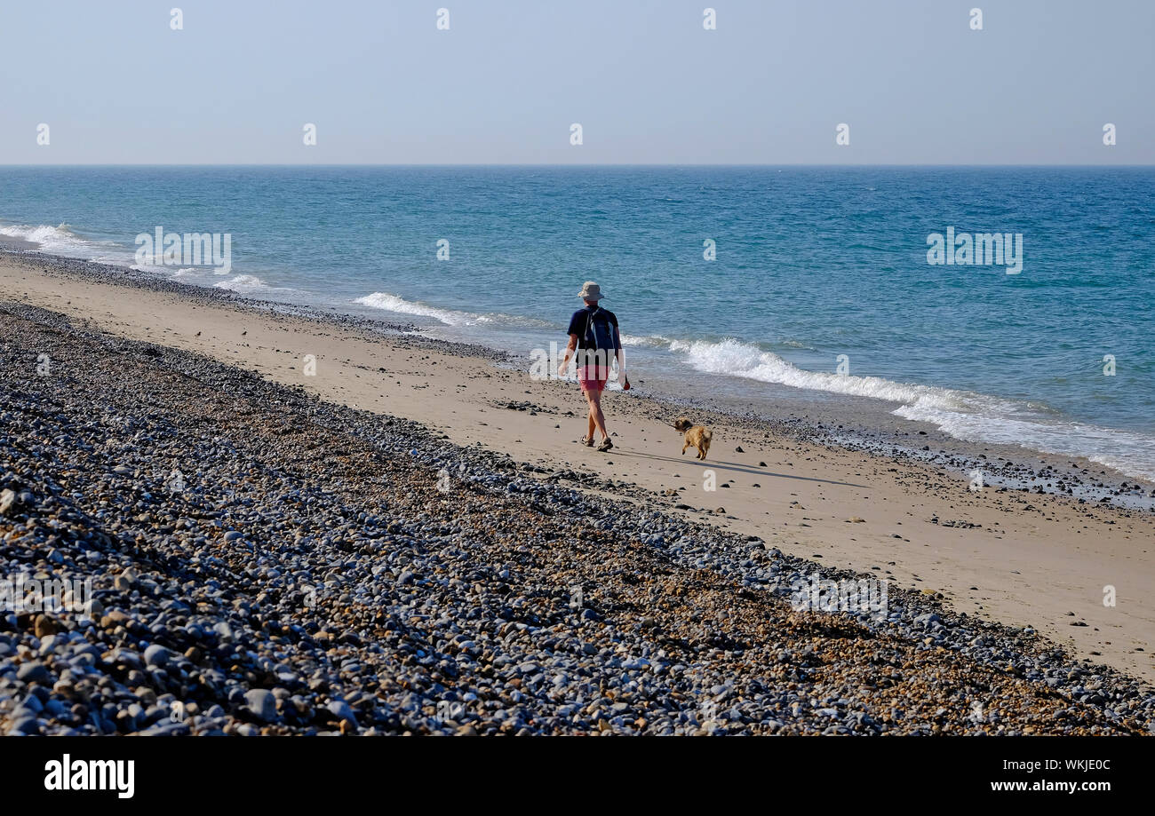 Persona di sesso maschile il cane a camminare sulla spiaggia cley, North Norfolk, Inghilterra Foto Stock